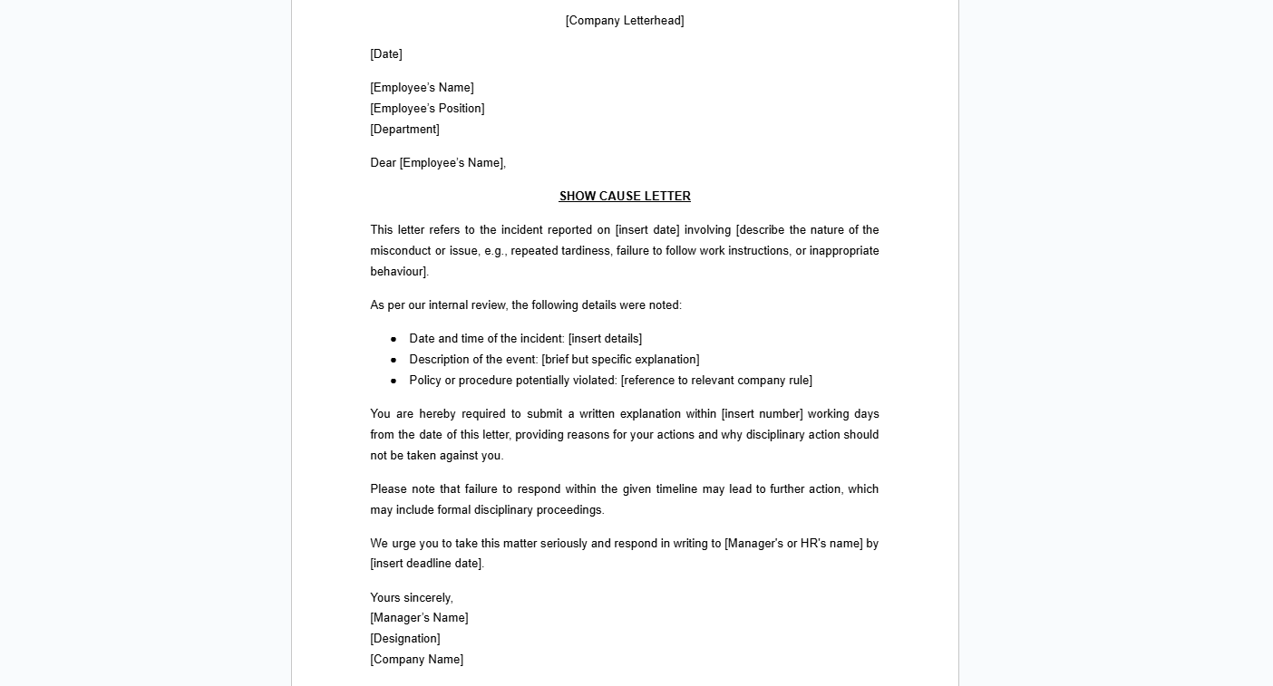 Show Cause Letter Template